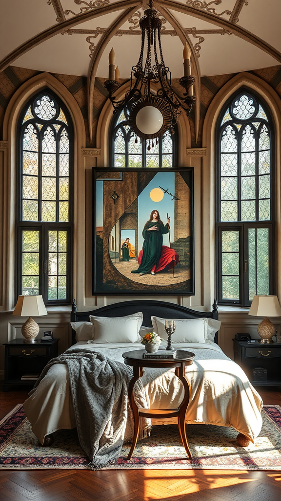 A modern medieval inspired bedroom featuring vaulted ceilings, large windows, and rich decor.