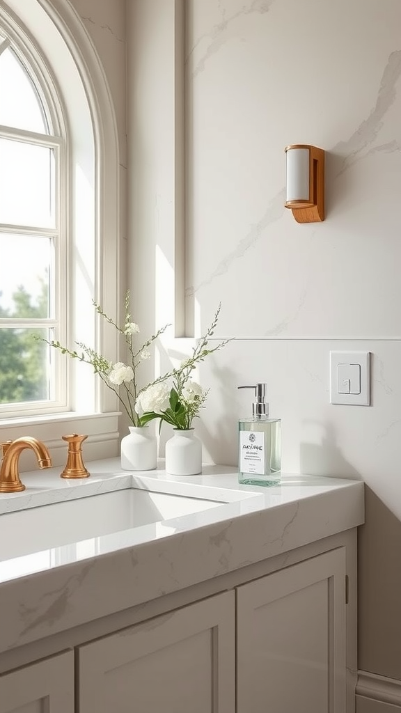 Elegant artisan soap dispenser on a bathroom counter with flowers and a stylish faucet.