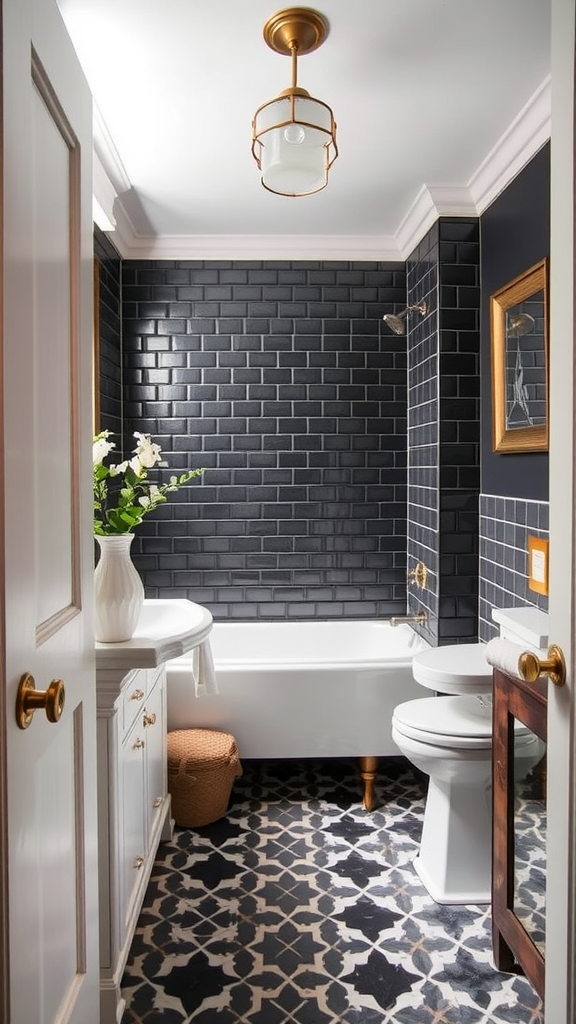 A brightly patterned bathroom with colorful floral tiles on the walls and floor.