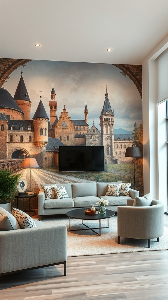 A beautifully designed Medieval Inspired Bedroom featuring artistic wall murals.