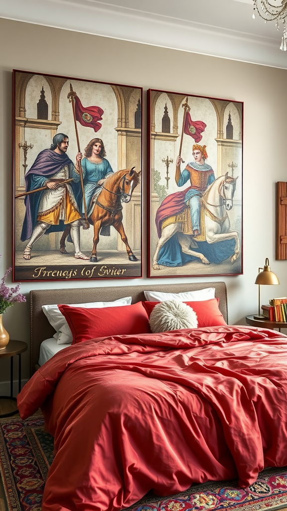 A medieval-themed bedroom featuring a large castle painting, dark moody bedding, and stylish decor.