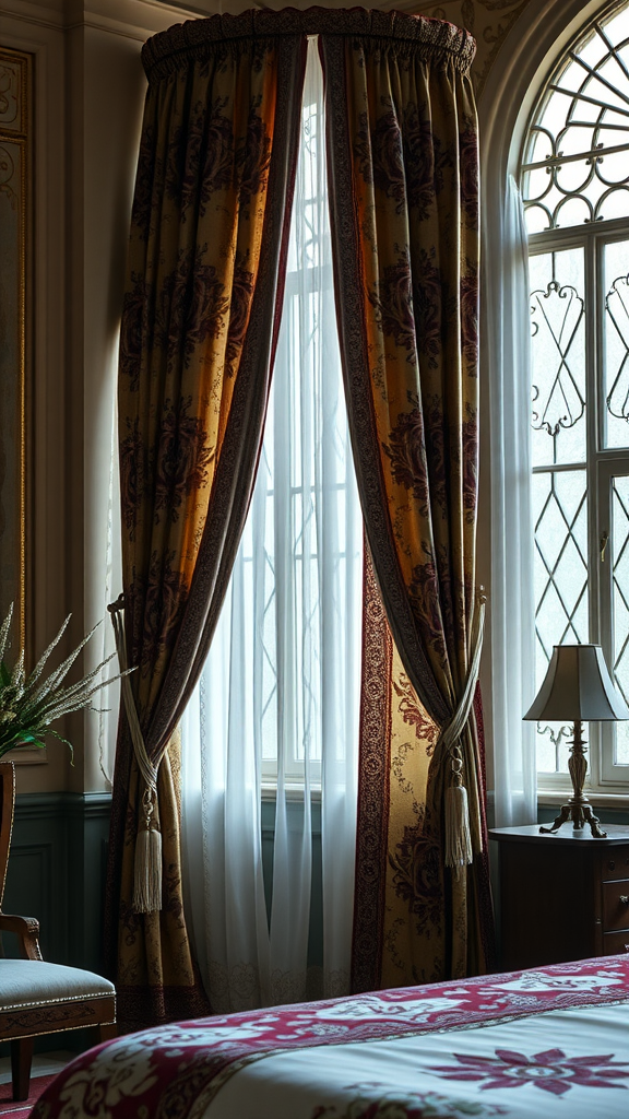 A medieval themed bedroom featuring elegant curtains, a beautifully made bed, and traditional decor.