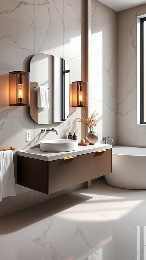 A stylish bathroom featuring a chic floating vanity, modern fixtures, and elegant decor.