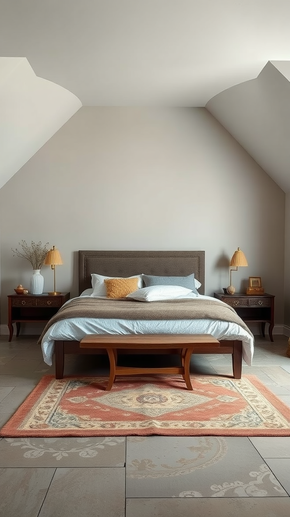 A modern medieval bedroom featuring Gothic elements with a minimalistic design.