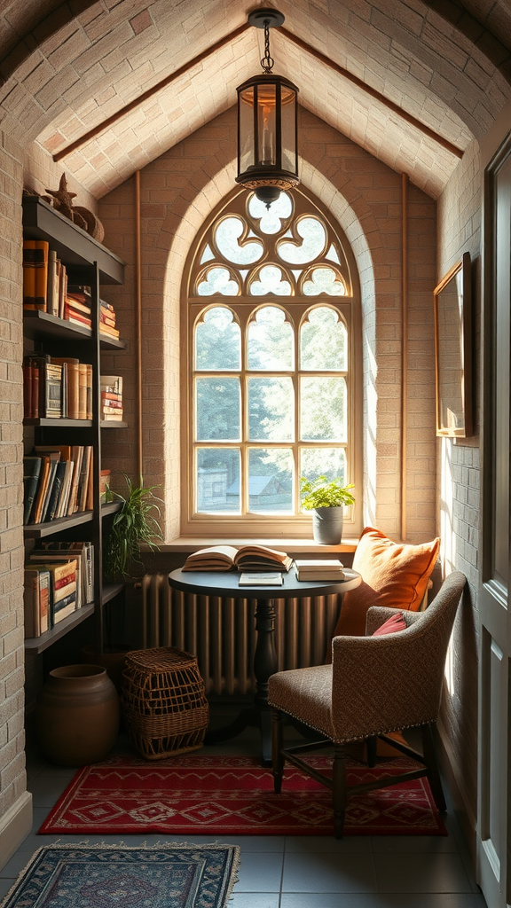 A cozy medieval-inspired bedroom featuring a four-poster bed, Gothic windows, and rich decor.