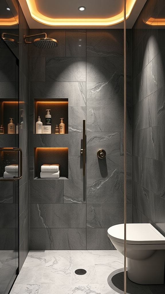 Modern shower niche with stylish storage and a toilet in a dark-themed bathroom.