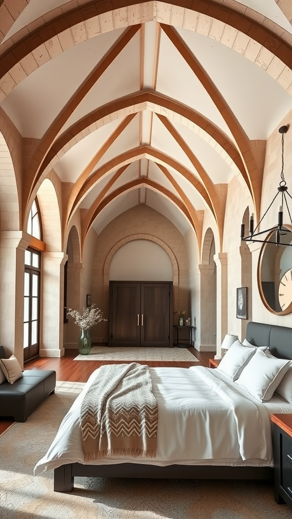 Modern medieval interior design featuring arches and vaulted ceilings in a bedroom.