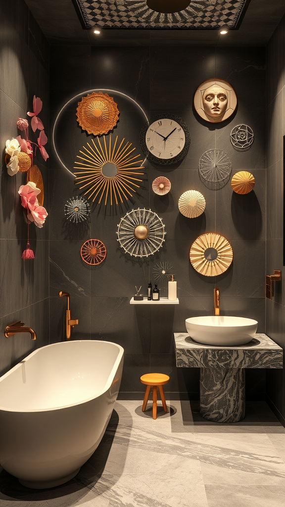 Brightly decorated bathroom with vibrant wall art and a cozy aesthetic.