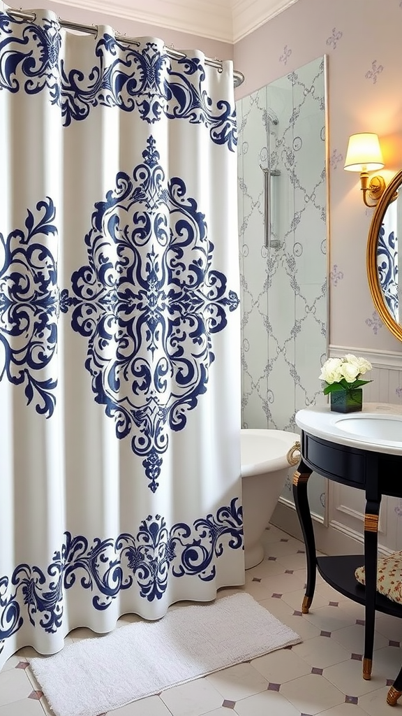 A stylish shower curtain with intricate red patterns in a modern bathroom setting.