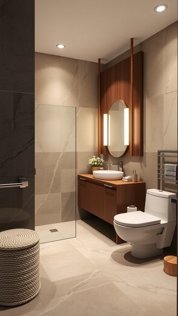 A stylish bathroom featuring a freestanding tub, gold fixtures, and a minimalist design with plants.