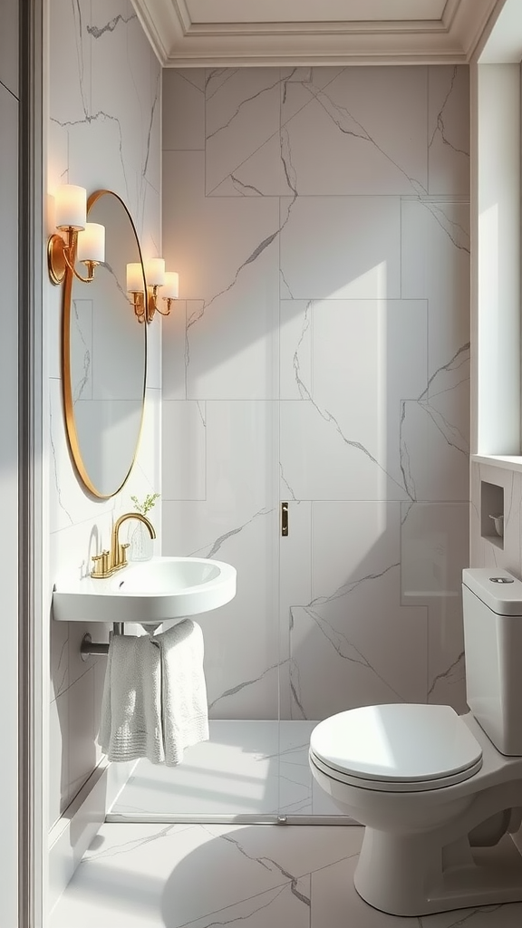 A modern bathroom featuring a circular mirror and elegant lighting.