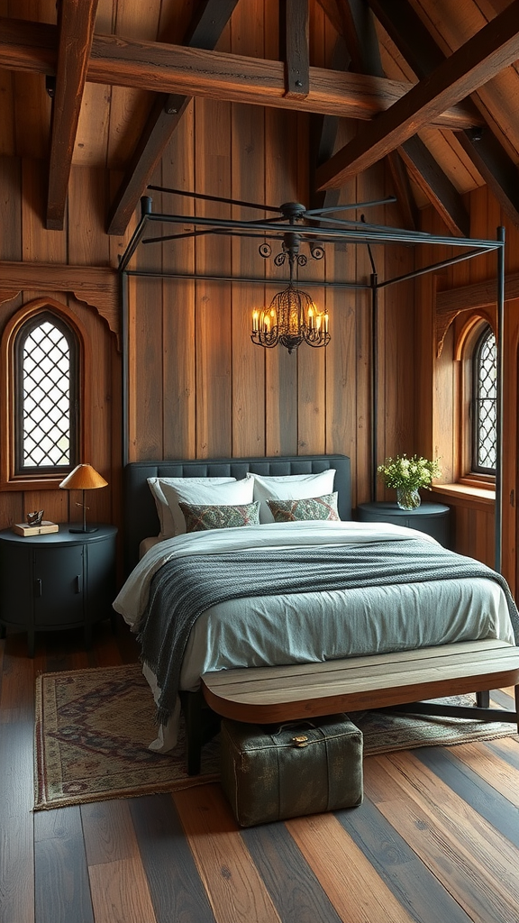 A spacious medieval themed interior with high ceilings, Gothic windows, and modern furniture.