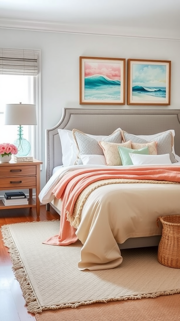 A cozy bedroom featuring a bed with coral and teal pillows, accented with a coral throw blanket.
