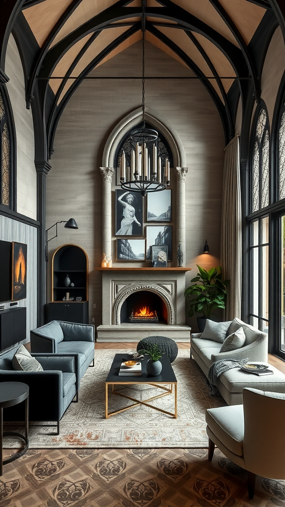 Elegant Gothic interior with high ceilings, large windows, and medieval decor.