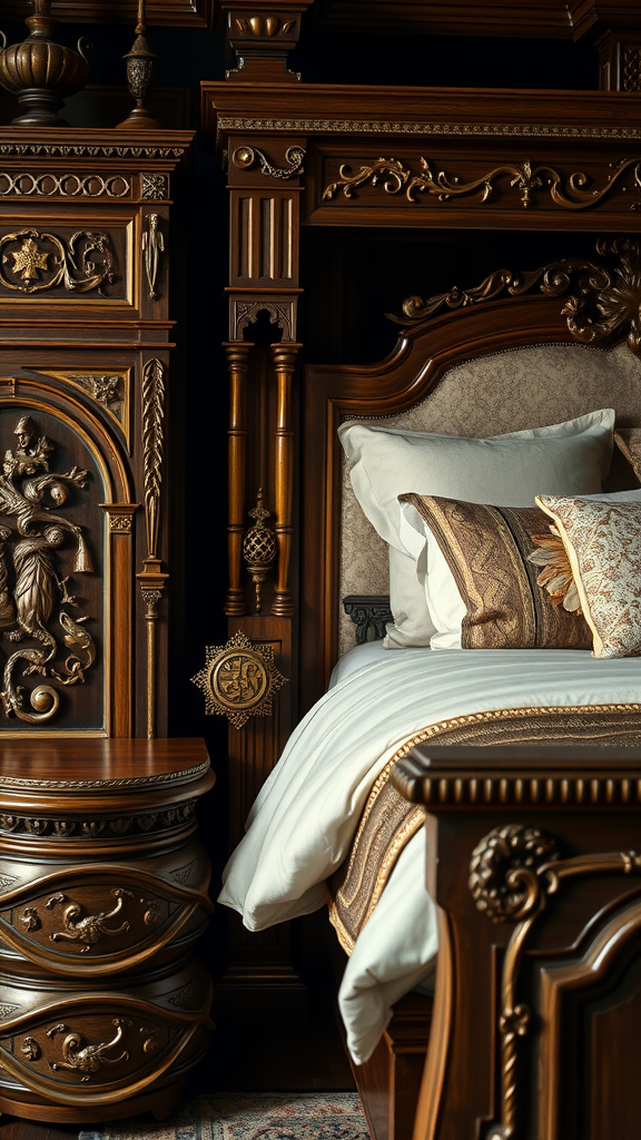 A beautifully designed medieval-inspired bedroom showcasing Gothic elements and rich colors.