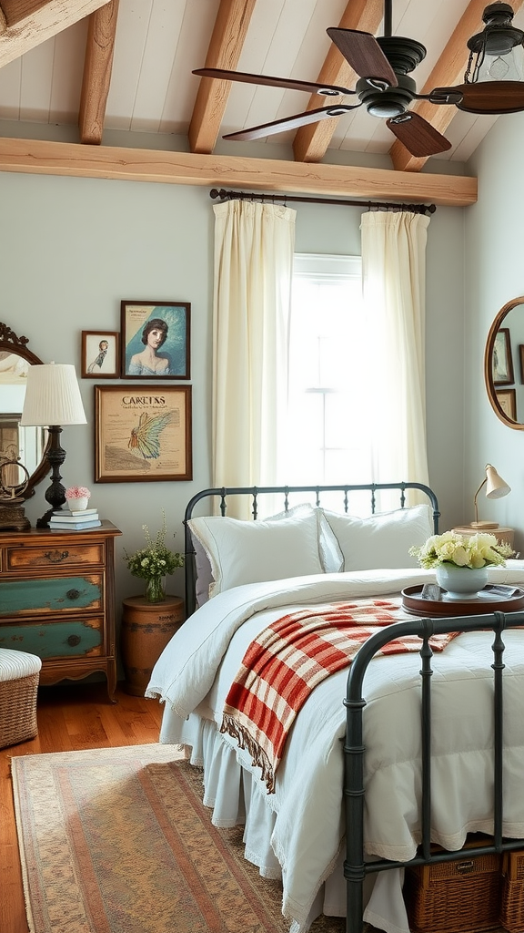 A cozy bedroom decorated with vintage coastal elements, featuring a woven bed frame and nautical artwork.