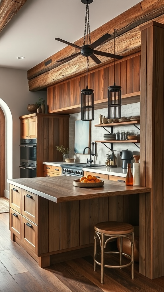 A modern kitchen featuring rustic elements and medieval decor.