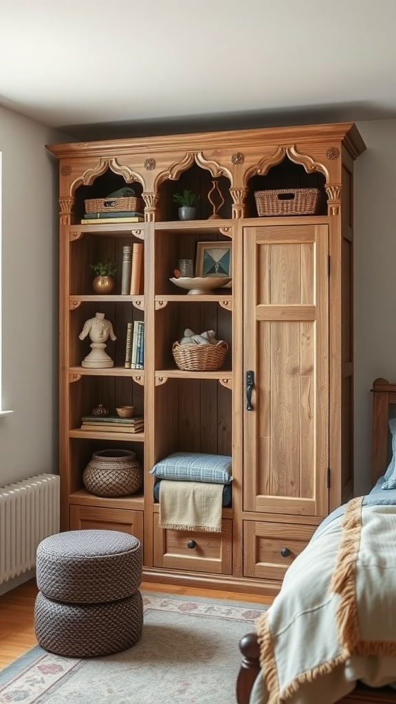 A beautifully designed medieval inspired bedroom with high ceilings, gothic windows, and cozy furniture.