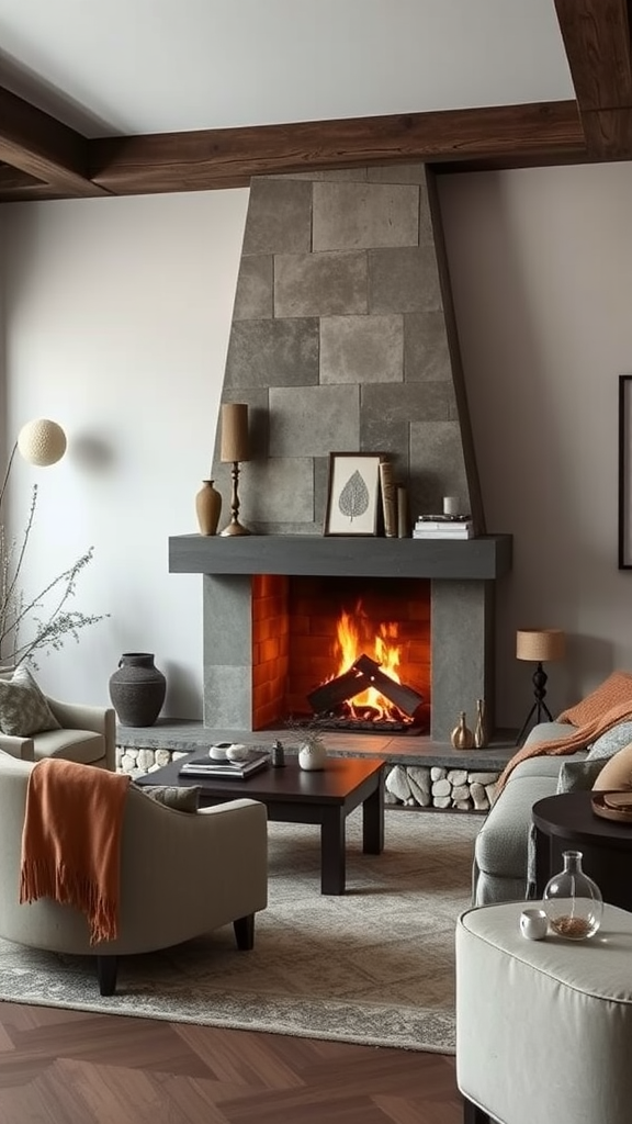 A modern living room featuring a large fireplace, high wooden ceiling, and cozy seating arrangements.