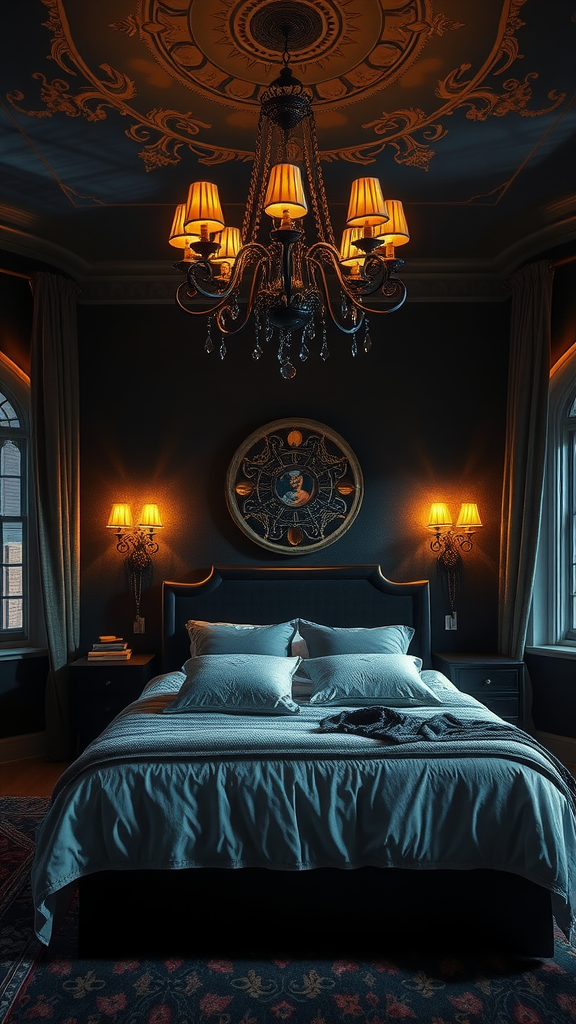 A beautifully designed medieval inspired bedroom with layered lighting and Gothic decor.