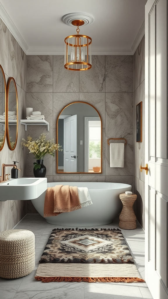 A stylish bathroom featuring a luxurious bathtub, textured walls, and warm decor elements.