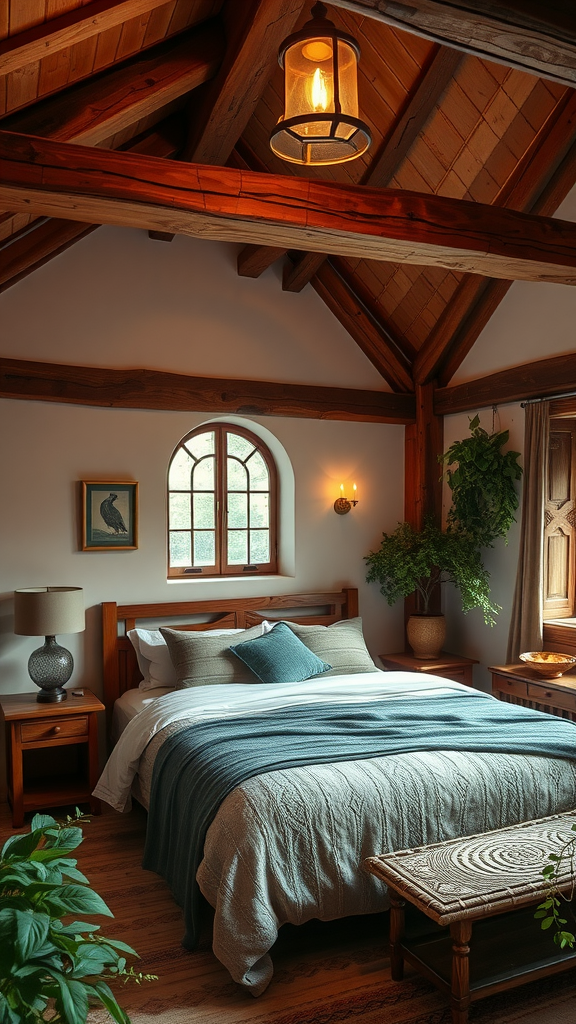 A cozy medieval themed bedroom with dark bedding, wooden beams, and large windows.