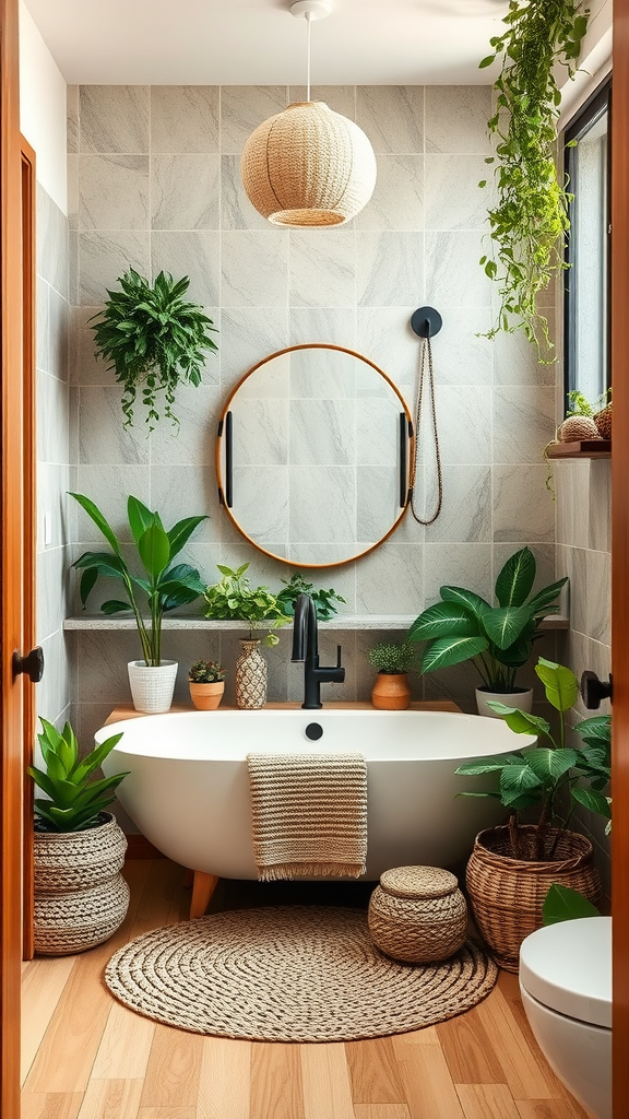 A modern bathroom featuring plants, wooden decor, and a serene atmosphere.
