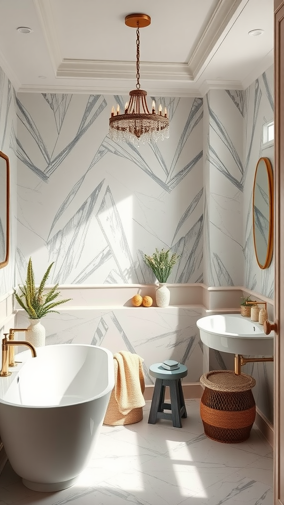 A beautifully decorated bathroom featuring a freestanding bathtub, stylish decor, and natural elements.