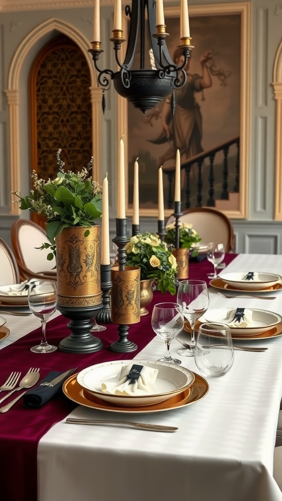 A beautifully arranged dining area with medieval and Gothic influences, featuring a large dark table, elegant chairs, and rich textiles.