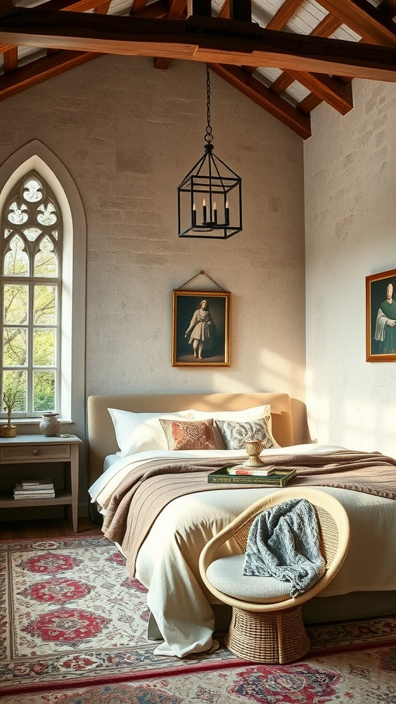 A serene bedroom featuring Gothic architecture, dark moody bedding, and Medieval aesthetic decor.