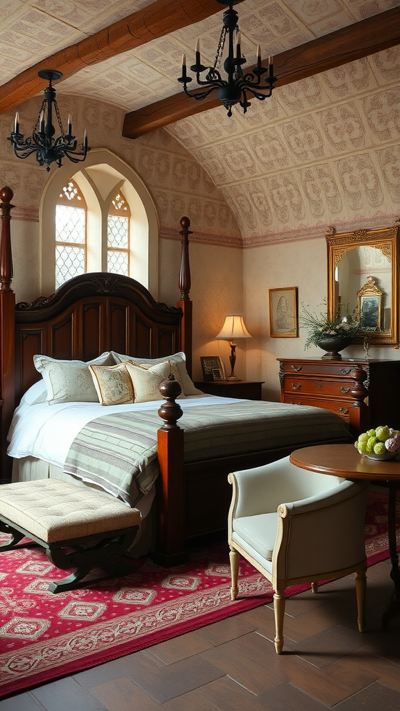 A spacious medieval-inspired bedroom with a four-poster bed and a wooden dining table surrounded by chairs.