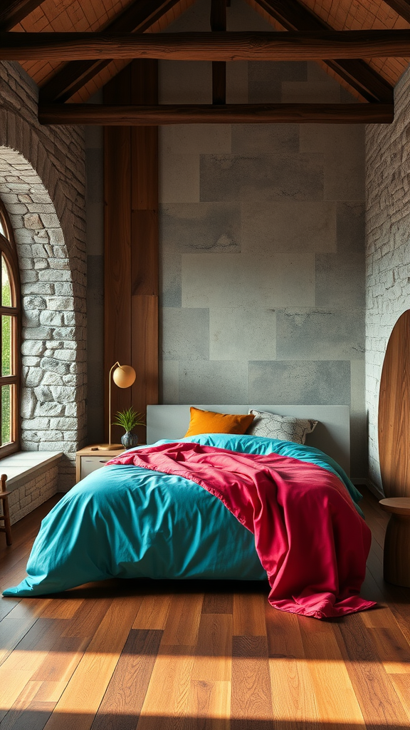 Stylish modern medieval interior design with wooden flooring and ornate red rug.