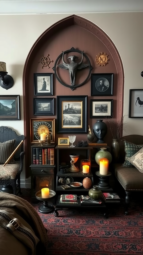 A medieval inspired bedroom featuring dark moody bedding, a four-poster bed, and Gothic decor elements.