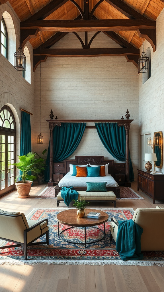 A beautifully designed medieval themed bedroom with symmetrical layout, featuring dark moody bedding and rich decor.