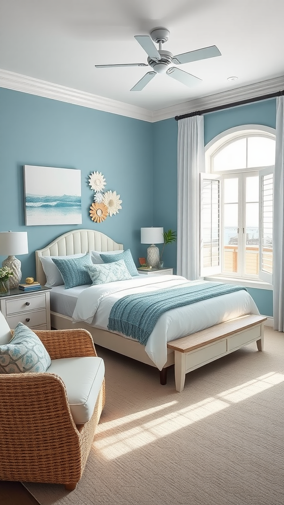 A modern coastal bedroom featuring light blue walls, a queen bed with beach-themed decor, and a comfortable chair.