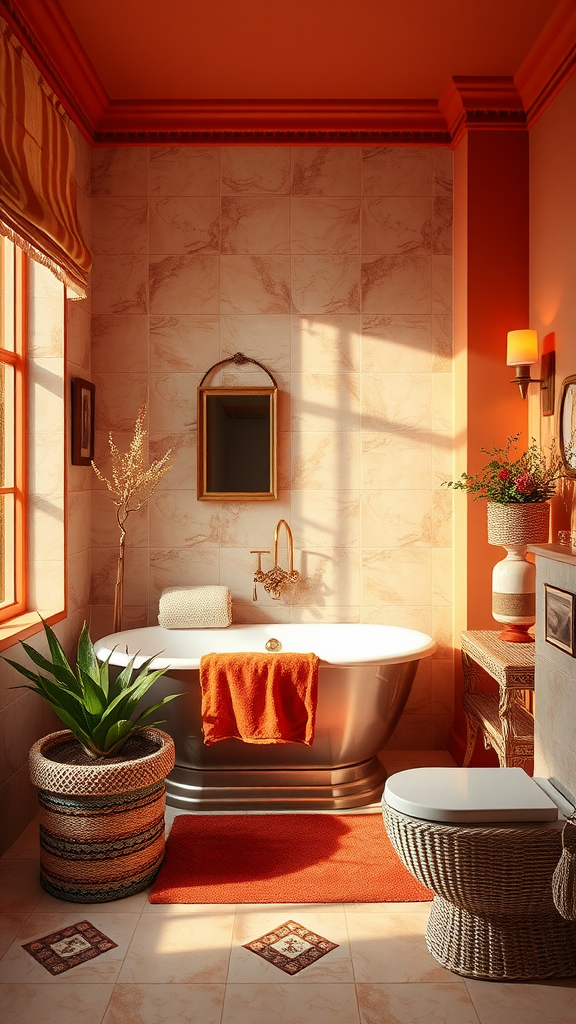 An eclectic bathroom with warm orange accents, featuring a freestanding tub, plants, and stylish decor.